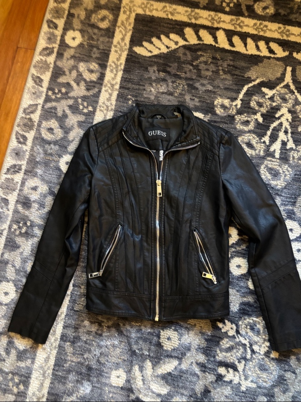 GUESS Black Faux Leather Zip-Front Moto Jacket